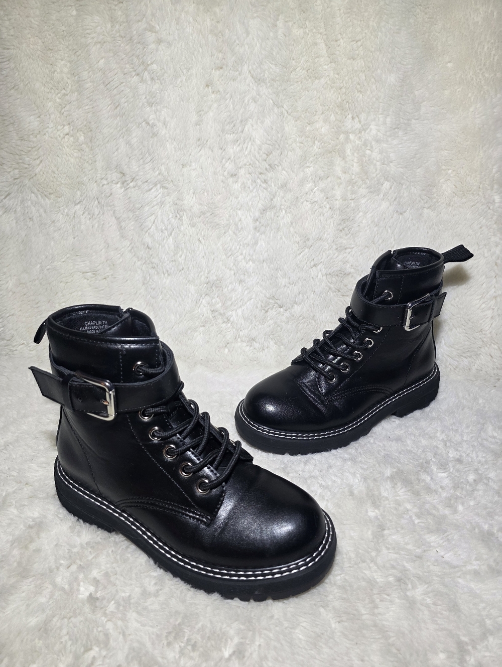 Dunes Chaplin Black Combat Boots NWOT Sz 7 Lug Sole Buckle Moto Grunge Aesthetic